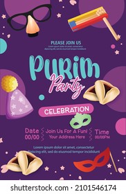 Happy Purim With Carnival Masks and Typography Design