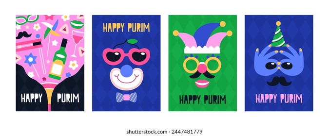 Happy Purim carnival posters set. Jewish carnaval, festive party, masquerade, greeting card, vertical postcard designs with holiday masks, funny glasses, mustache and wine. Flat vector illustration