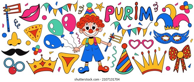 Happy Purim carnival set of design elements, icons. Purim Jewish holiday, isolated on white background. Vector illustration clip-art