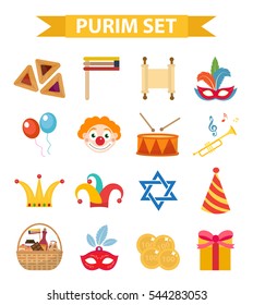 Happy Purim carnival set of design elements, icons. Purim Jewish holiday, isolated on white background. Vector illustration clip-art