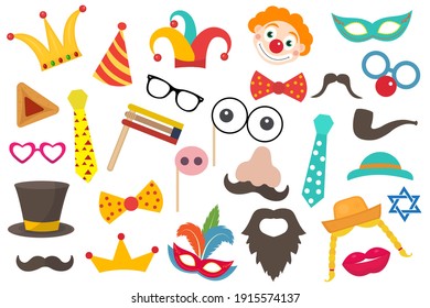 Happy Purim carnival set funny costume elements, icons for the party. Purim Jewish holiday props for masquerade, photo shoot .Vector clip art