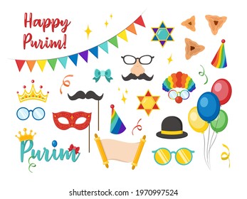 Happy Purim carnival set funny costume elements, icons for the party. Colored isolated photo booth party icon set