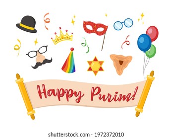 Happy Purim carnival set funny costume elements, icons for the party. Purim Jewish holiday props for masquerade, photo shoot .Vector clip art