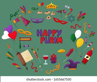 Fröhliches Purim-Karneval-Set. Purim traditionellen Design Elemente.Jüdische Feiertagssymbole. 
Esther Scroll, Hamantaschen Kekse, Karnevalmaske, Stern von David, ratchet, Geschenke, conetti.Lettering, Text Purim.