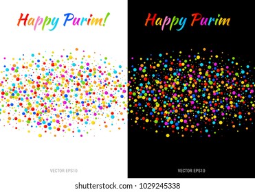 Happy Purim carnival text with colorful rainbow colors paper confetti cloud strip isolated on white and black A4 size background. Purim Jewish holiday. Vector Birthday template. Poster or flyer.