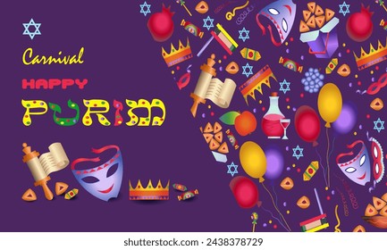  Happy Purim. Carnival.Holiday Banner, Invitation, Greeting Card, Flyer with Balloons, Confetti, Sweets, Carnival Masks, Rattles, Torah Scroll, Star of David, Hamantaschen Cookies. Festive decoration.