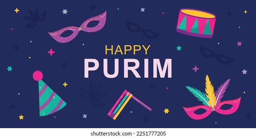 Happy Purim carnival.Vector greeting card for Purim holiday.Carnival mask.Jewish holiday.Jewish holiday Purim.Hamantaschen cookies.Vector flat illustration.Grager ratchet.Purim party elements.