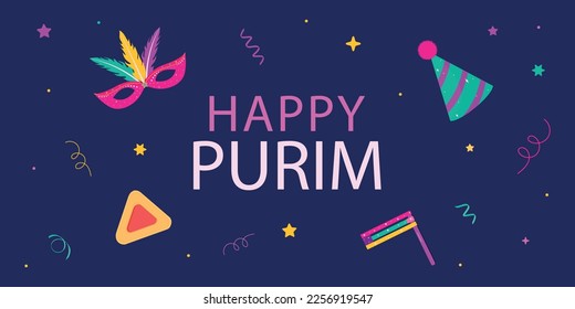 Happy Purim carnival.Vector greeting card for Purim holiday.Jewish holiday.Jewish holiday Purim.Hamantaschen cookies.Vector flat illustration.Grager ratchet.Purim party elements.Carnival mask.