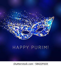 Happy Purim celebrating card. Decorative mask gold and blue colored. Hag purim sameach - happy purim, vector greetings.