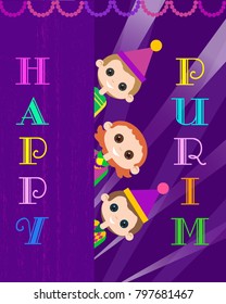 Happy Purim celebration. Cartoon fancy letters style. Comic kids in masquerade costumes holiday symbol. Carnival invitation. Family fest party greeting card. Vector decorative background illustration