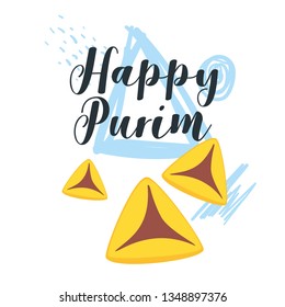 Happy Purim celebration layout card template with Hamantaschen. Jewish holiday vector design template.
