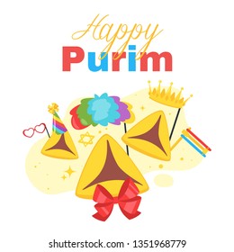 Happy Purim celebration layout template for card with traditional Hamantashen decorated with photo booth and bow. Jewish holiday vector design.