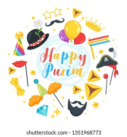Happy Purim celebration round layout template for card with masks and traditional props. Jewish holiday vector design.