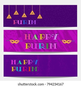 Happy Purim celebration. Set of horizontal banners. Freehand cartoon fancy style. Masquerade mask, family holiday symbols. Template carnival invitation greeting. Vector headline decoration background