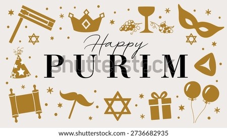 Happy Purim, Chag Purim Sameach greeting card with holiday symbols pattern. Vector design with carnival mask, hamentashen, raashan, cup of wine, carnival hat, Torah scroll, moustache, star David, gift and confetti
