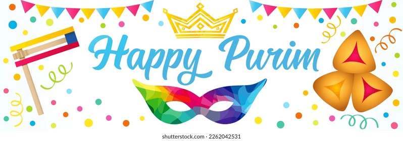 Happy Purim, Chag Purim Sameach - traditional greeting with colorful carnival mask. Colorful carnival mask, hamentashen, raashan, crown, garlands and confetti. Vector illustration