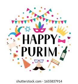 Happy Purim circle label with lettering, props and traditional Jewish symbols: hamantaschen cookies, noisemaker, megillah esther, wine, masque, crown. Carnival vector illustration.