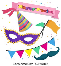 Happy Purim, Collection of icons for your creativity. Purim Jewish holiday, carnival. Vector illustration