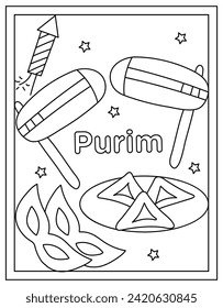 Happy purim coloring page designed in hand drawn vector 