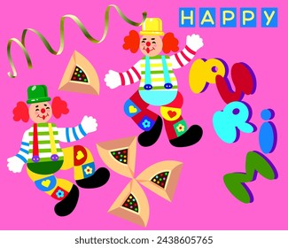 Happy Purim congratulations bright festive traditional cookies umentache clowns serpentine inscription Happy Purim Vector