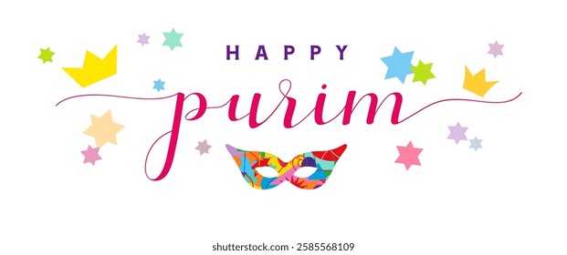 Happy Purim congratulations, greeting card design. Social media story template. Festive face mask with geometric pattern and isolated clipping mask. White backdrop, coloured confetti. Cute greetings.