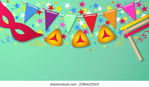 Happy Purim creative background with raashan, hamentashen and carnival mask. Vector banner for Purim holiday with festive accessories, garland of flags and confetti