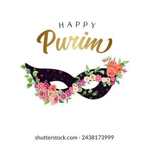 Happy Purim cute greetings. Decorative fsce mask with floral elements. Social media timeline post concept. Postcard design. Gift card template. Creative graphic. Set of vintage flowers. Pink roses.