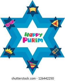 Happy Purim. David star with objects of purim holiday