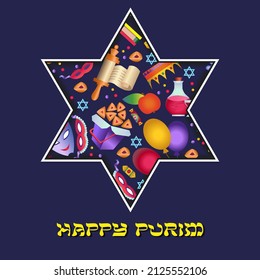 Happy Purim.   David star with traditional objects of purim holiday. Hamantaschen biscuits, carnival masks, ratchet, gifts, balloons, sweets, Torah scroll, crown. 