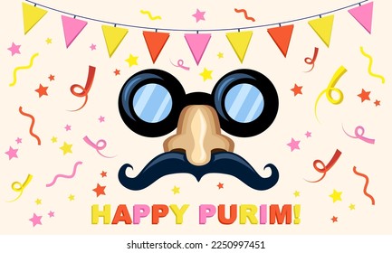 Happy Purim Day card, Jewish holiday of March invitation, vector art with funny mask with glasses and mustache. Greeting card with confetti and flags on the background.