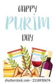 Happy Purim day greeting card. Vector illustration 