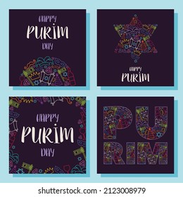 Happy Purim day greeting cards set. Vector illustration