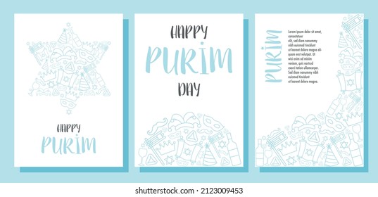 Happy Purim day greeting cards set. Vector illustration 