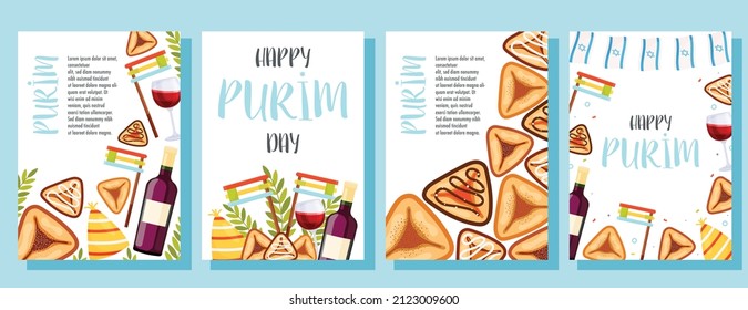 Happy Purim day greeting cards set. Vector illustration 