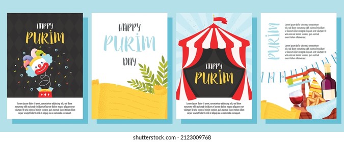 Happy Purim day greeting cards set. Vector illustration 