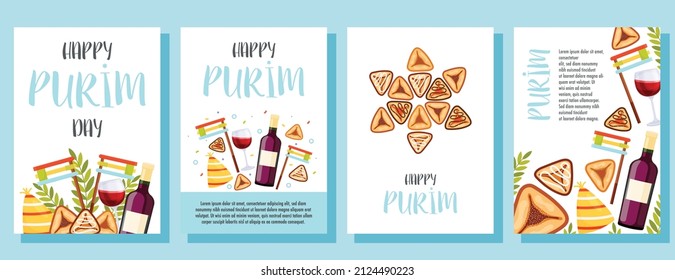 Happy Purim day greeting cards set. Vector illustration 