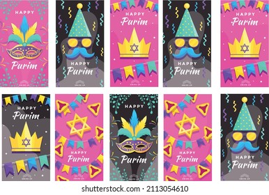happy purim day social media stories collection vector flat design
