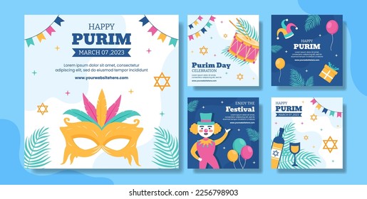 Happy Purim Day Social Media Post Flat Cartoon Hand Drawn Templates Illustration