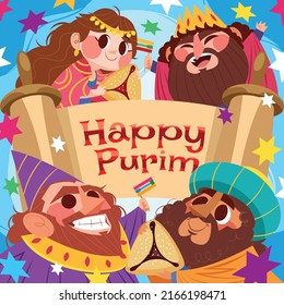 Feliz Día de la Purima, ilustración vectorial. Feliz día de purim con vector de figuras bíblicas.