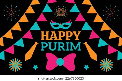 Happy Purim Day Vector Illustration and Colorful Black Background