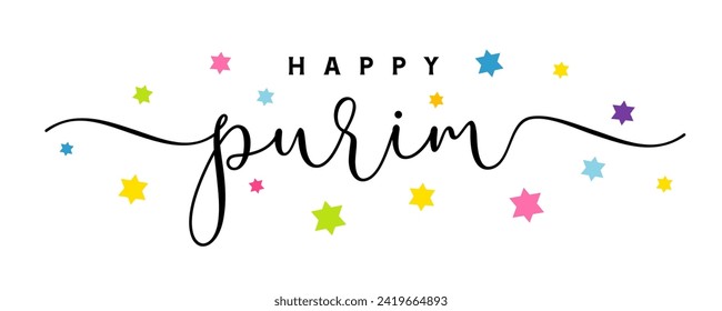 Happy Purim elegant calligraphy logo and colored stars. Chag Purim sameach holiday card. Vector illustration