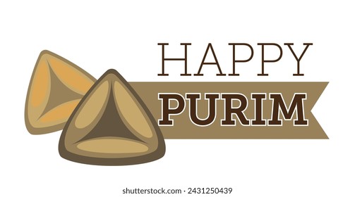 Happy Purim emblem with khomentash, cookies baked for Purim. Isolated banner for Jewish religious holiday with Omentashen or Amans ears. Judaism, religion and activities. Vector in flat style