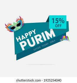 Happy Purim Festival Holidays 15% Discount Offer Sale Banner Template Design, Special Offer, Vector illustration
