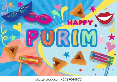 Happy Purim Festival - text translate from Hebrew. Jewish Holiday decoration with traditional symbols Grogger Ratchet Noise maker food bake hamantashen sweet triangle cookies, greeting card vector