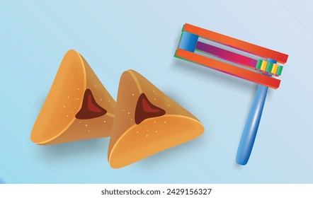 Happy Purim Festival - text translate from Hebrew. Jewish Holiday decoration with traditional symbols Grogger Ratchet Noise maker food bake hamantashen sweet triangle cookies, greeting card vector