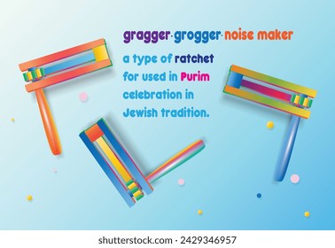 Happy Purim Festival - text translate from Hebrew. Jewish Holiday decoration with traditional symbols Grogger Ratchet Noise maker food bake hamantashen sweet triangle cookies, greeting card vector