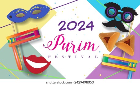 Happy Purim Festival - text translate from Hebrew. Jewish Holiday decoration with traditional symbols Grogger Ratchet Noise maker food bake hamantashen sweet triangle cookies, greeting card vector