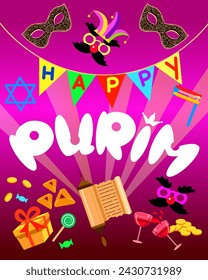 Happy Purim greeting card attributes scroll of Esther star of David ratchet glasses of wine gold coins gift carnival masks Vector