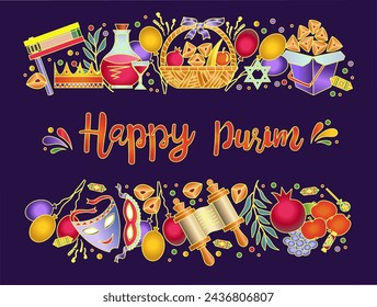 Happy Purim.  Greeting card, banner with traditional items of the Jewish holiday. Hamantaschen cookies, carnival masks, David's star, ratchet, gifts, balloons, sweets, Torah scroll, crown, wine.