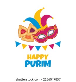 Happy Purim greeting card with carnival mask and hamantash cookies vector. Happy Jewish holiday Purim design element isolated on a white background. Important day